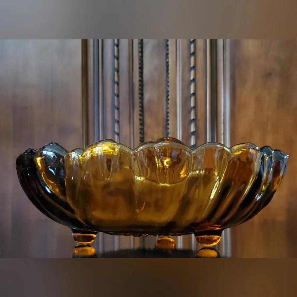 11" 🧡Vntg🌻"Petals Amber"🧡3 Toed Footed Thick 4lb 4oz Bowl by Colony🌻 - Picture 12 of 13